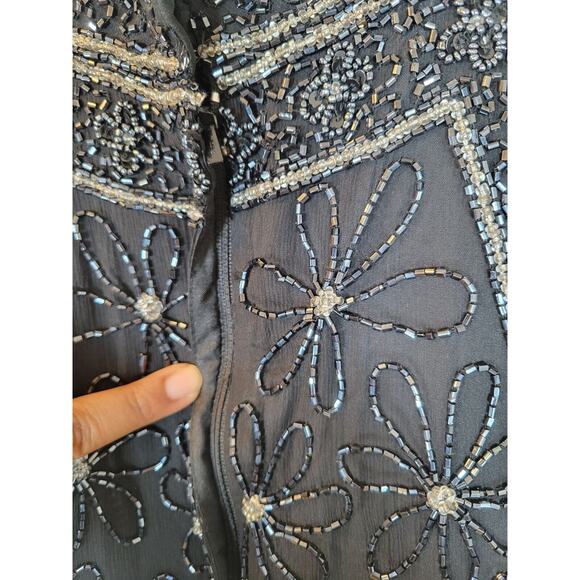 Adrianna Papell Womens Flower Silk Beaded Top Size Large Black Evening Formal - Picture 3 of 10